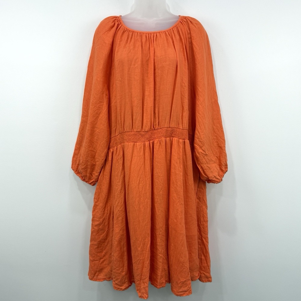 J Crew 100% Linen Dress 3X Fire Lily Palermo Smocked Resort Beach Vacation